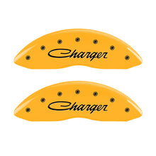 Load image into Gallery viewer, MGP 4 Caliper Covers Engraved Front &amp; Rear Cursive/Charger Yellow finish black ch
