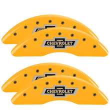 Load image into Gallery viewer, MGP 4 Caliper Covers Engraved F &amp; R 100th Anniv Yellow Finish Black Char 2019 Chevy Silverado 2500HD
