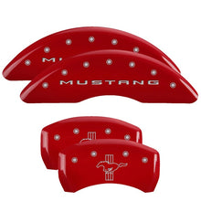 Load image into Gallery viewer, MGP 4 Caliper Covers Engraved Front 2015/Mustang Engraved Rear 2015/Bar &amp; Pony Red finish silver ch

