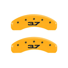 Load image into Gallery viewer, MGP 4 Caliper Covers Engraved Front 2015/Mustang Engraved Rear 2015/37 Yellow finish black ch
