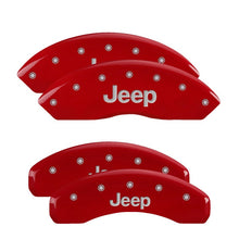 Load image into Gallery viewer, MGP 4 Caliper Covers Engraved Front &amp; Rear Jeep Red Finish Silver Char 2019 Jeep Wrangler
