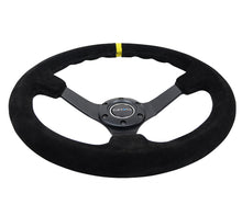 Load image into Gallery viewer, NRG Reinforced Steering Wheel (350mm / 3in. Deep) Blk Suede/X-Stitch w/5mm Blk Spoke &amp; Yellow CM
