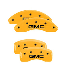 Load image into Gallery viewer, MGP 4 Caliper Covers Engraved Front &amp; Rear GMC Yellow Finish Black Char 2018 GMC Terrain
