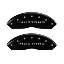 Load image into Gallery viewer, MGP 4 Caliper Covers Engraved Front Mustang Engraved Rear 37 Black finish silver ch
