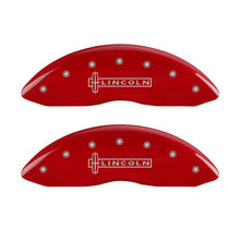 Load image into Gallery viewer, MGP 4 Caliper Covers Engraved Front Lincoln Rear Star Logo Red Finish Silver Char 2019 Lincoln MKZ
