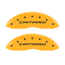 Load image into Gallery viewer, MGP 4 Caliper Covers Engraved Front Camaro Rear Gen 4/Ss Yellow Finish Black Char 1998 Chevy Camaro
