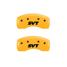 Load image into Gallery viewer, MGP 4 Caliper Covers Engraved Front &amp; Rear SVT Yellow Finish Black Char 2003 Ford Mustang
