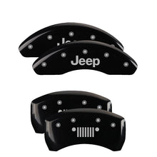 Load image into Gallery viewer, MGP 4 Caliper Covers Engraved Front JEEP Engraved Rear JEEP Grill logo Black finish silver ch
