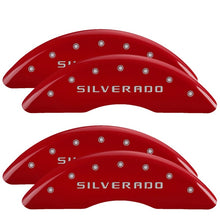 Load image into Gallery viewer, MGP 4 Caliper Covers Engraved Front &amp; Rear Silverado Red finish silver ch
