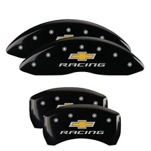 Load image into Gallery viewer, MGP 4 Caliper Covers Engraved F &amp; R Chevy Racing Black Finish Silver Char 2019 Chevrolet Malibu
