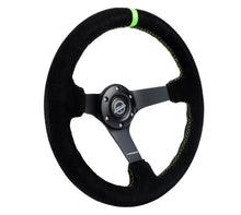 Load image into Gallery viewer, NRG Reinforced Steering Wheel 350mm/3in. Deep Blk Suede/ Neon Green Stitch w/5mm Matte Black Spoke
