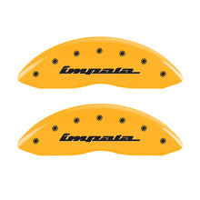 Load image into Gallery viewer, MGP 4 Caliper Covers Engraved Front &amp; Rear Impala Yellow finish black ch
