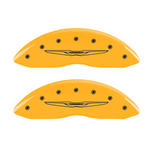 Load image into Gallery viewer, MGP 4 Caliper Covers Engraved Front &amp; Rear Style 2/Chrysler Wing Yellow finish black ch
