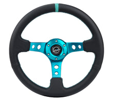 Load image into Gallery viewer, NRG Reinforce Steering Wheel (350mm / 3in. Deep) Blk Leather, Teal Center Mark w/ Teal Stitching
