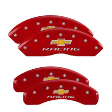 Load image into Gallery viewer, MGP 4 Caliper Covers Engraved Front &amp; Rear Chevy Racing Red Finish Silver Char 2017 Chevrolet Camaro
