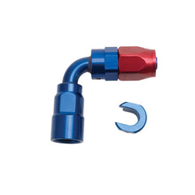 Load image into Gallery viewer, Russell Performance 3/8in SAE Quick Disc Female to -6 Hose Red/Blue 90 Degree Hose End
