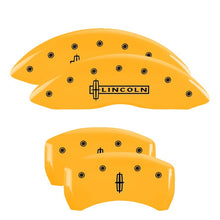 Load image into Gallery viewer, MGP 4 Caliper Covers Engraved Front Lincoln Engraved Rear Star logo Yellow finish black ch
