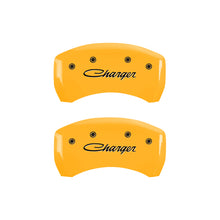 Load image into Gallery viewer, MGP 4 Caliper Covers Engraved F &amp; R Cursive/Charger Yellow Finish Black Char 2006 Dodge Charger
