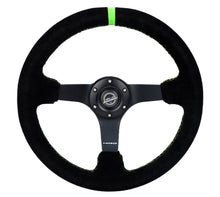 Load image into Gallery viewer, NRG Reinforced Steering Wheel 350mm/3in. Deep Blk Suede/ Neon Green Stitch w/5mm Matte Black Spoke
