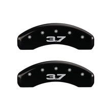 Load image into Gallery viewer, MGP 4 Caliper Covers Engraved Front 2015/Mustang Engraved Rear 2015/37 Black finish silver ch
