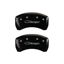Load image into Gallery viewer, MGP 4 Caliper Covers Engraved Front &amp; Rear Cursive/Charger Black finish silver ch
