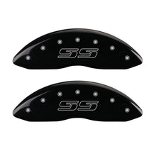 Load image into Gallery viewer, MGP 4 Caliper Covers Engraved Front &amp; Rear Avalanche style/SS Black finish silver ch
