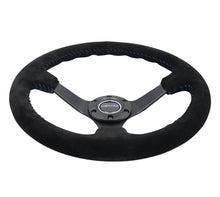 Load image into Gallery viewer, NRG Reinforced Steering Wheel (350mm / 3in. Deep) Blk Suede/Blue BBall Stitch w/5mm Matte Blk Spokes
