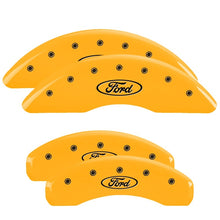 Load image into Gallery viewer, MGP 4 Caliper Covers Engraved F &amp; R Oval Logo/Ford Yellow Finish Black Char 2007 Ford Expedition

