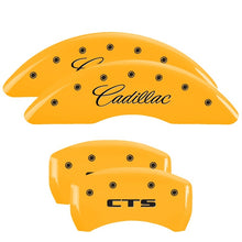 Load image into Gallery viewer, MGP 4 Caliper Covers Engraved Front Cursive/Cadillac Engraved Rear CTS Yellow finish black ch
