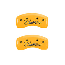 Load image into Gallery viewer, MGP 4 Caliper Covers Engraved F &amp; R Cursive/Cadillac Yellow Finish Black Char 2006 Cadillac SRX
