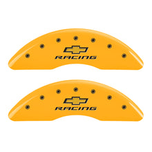 Load image into Gallery viewer, MGP 4 Caliper Covers Engraved F &amp; R Chevy Racing Yellow Finish Black Char 2016 Chevrolet Camaro
