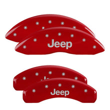 Load image into Gallery viewer, MGP 4 Caliper Covers Engraved Front &amp; Rear 11-18 Jeep Grand Cherokee Red Finish Silver Jeep Logo
