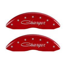 Load image into Gallery viewer, MGP 4 Caliper Covers Engraved Front &amp; Rear Cursive/Charger Red finish silver ch
