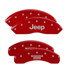 Load image into Gallery viewer, MGP 4 Caliper Covers Engraved Front Jeep Rear Grill Logo Red Finish Silver Char 2018 Jeep Wrangler
