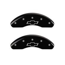 Load image into Gallery viewer, MGP 4 Caliper Covers Engraved Front &amp; Rear Bowtie Black Finish Silver Char 2019 Chevrolet Bolt EV
