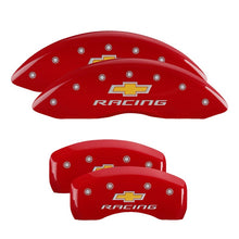 Load image into Gallery viewer, MGP 4 Caliper Covers Engraved Front &amp; Rear Chevy racing Red finish silver ch
