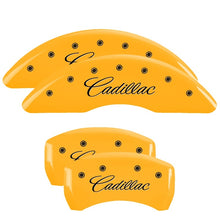 Load image into Gallery viewer, MGP 4 Caliper Covers Engraved Front &amp; Rear Cursive/Cadillac Yellow finish black ch
