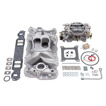 Load image into Gallery viewer, Edelbrock Manifold And Carb Kit Performer Air-Gap Small Block Chevrolet 1957-1986 Natural Finish
