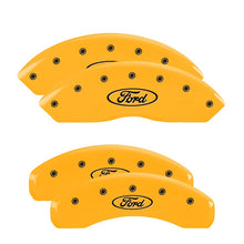 Load image into Gallery viewer, MGP 4 Caliper Covers Engraved Front &amp; Rear Oval Logo/Ford Yellow Finish Black Char 2001 Ford F-150
