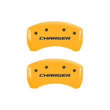 Load image into Gallery viewer, MGP 4 Caliper Covers Engraved Front &amp; Rear Block/Charger Yellow Finish Black Char 2006 Dodge Charger
