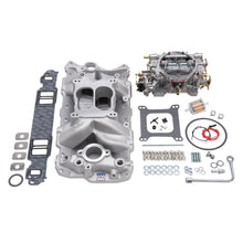 Load image into Gallery viewer, Edelbrock Manifold And Carb Kit Performer Air-Gap Small Block Chevrolet 1957-1986 Natural Finish
