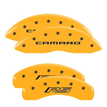 Load image into Gallery viewer, MGP 4 Caliper Covers Engraved Front Gen 5/Camaro Engraved Rear Gen 5/RS Yellow finish black ch
