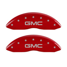Load image into Gallery viewer, MGP 2 Caliper Covers Engraved Front GMC Red Finish Silver Characters 2008 GMC Canyon

