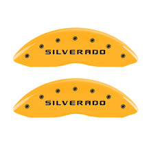 Load image into Gallery viewer, MGP 4 Caliper Covers Engraved Front &amp; Rear Silverado Yellow finish black ch
