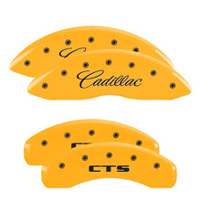 Load image into Gallery viewer, MGP 4 Caliper Covers Engraved Front Cursive/Cadillac Engraved Rear CTS Yellow finish black ch
