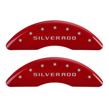 Load image into Gallery viewer, MGP 4 Caliper Covers Engraved Front &amp; Rear Silverado Red finish silver ch
