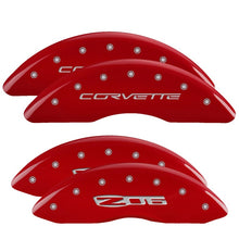 Load image into Gallery viewer, MGP 4 Caliper Covers Engraved Front C6/Corvette Engraved Rear C6/Z06 Red finish silver ch
