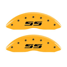 Load image into Gallery viewer, MGP 2 Caliper Covers Engraved Silverado SS Yellow Finish Blk Char 05 Chevy Silverado 1500
