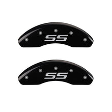 Load image into Gallery viewer, MGP 4 Caliper Covers Engraved Front &amp; Rear Monte Carlo style/SS Black finish silver ch
