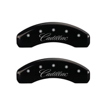Load image into Gallery viewer, MGP 4 Caliper Covers Engraved Front &amp; Rear Cursive/Cadillac Black finish silver ch
